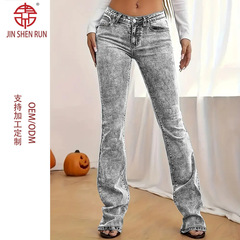 女士牛仔裤弹力休闲简约灰色裤子百搭修身显瘦喇叭长裤WOMEN JEAN