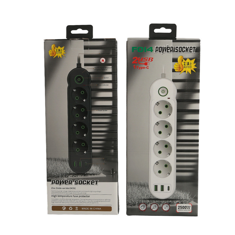 Estándar europeo Euro orificio negro Shell blanco 2 USB + 1 Interfaz tipo-c interruptor de caja de cartón de embalaje neutro
