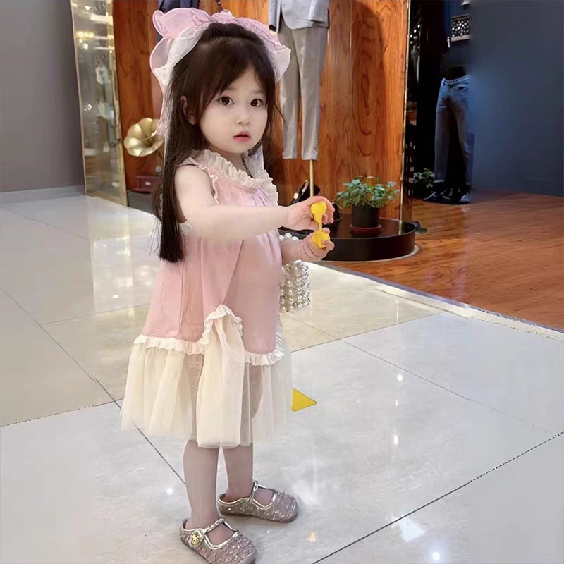 Vestido azul de estilo occidental con orejas de madera para niñas, vestido de chaleco sin mangas para niños pequeños y medianos, vestido de verano de encaje dulce