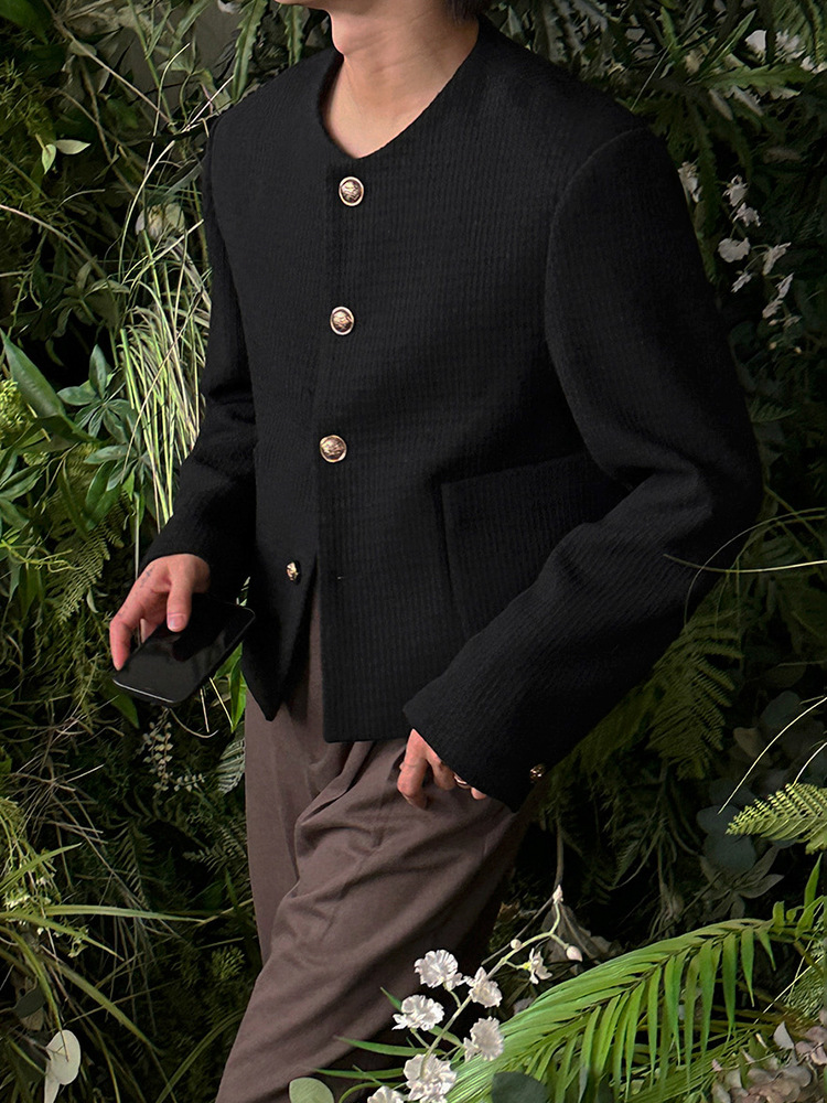 Myqショートコート男性春のゆるい丸首上着韓国版ファッション高級感ジャケット