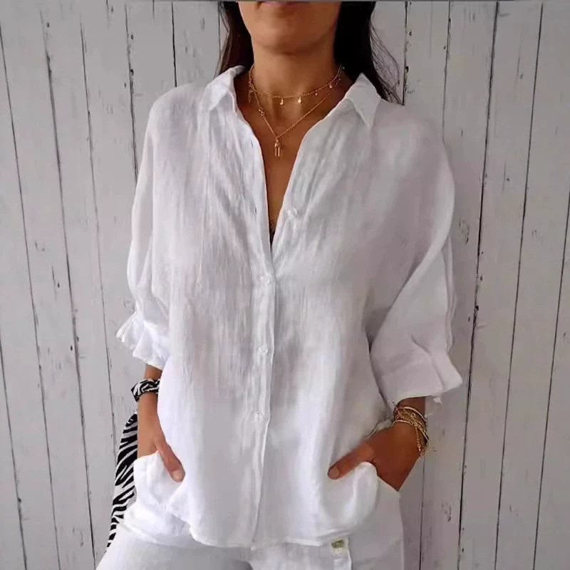 European and American Amazon Spring Cotton and Linen Shirts with Tie-Back Design, Mid-Length Sleeves, Light Luxury, 2026 Spring Fashion, Versatile