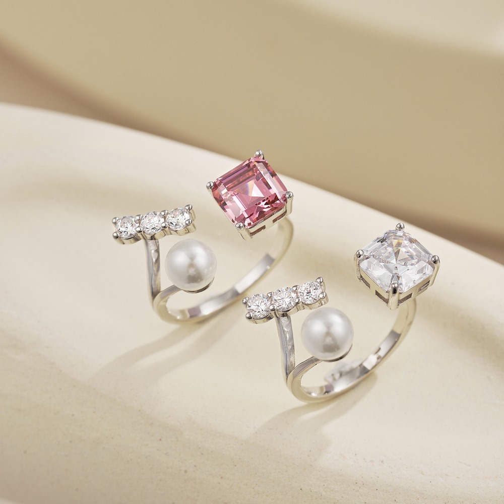 Fashion Geometric Sterling Silver Inlay Artificial Pearls Zircon Open Ring 1 Piece