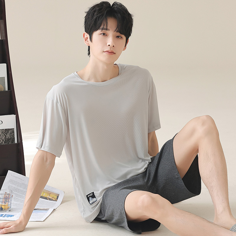 Summer Men's Pajamas Ice Silk Thread Large Size Sports Casual Shorts Pullover Short Sleeves Can Be Worn Outside Home Clothes Set