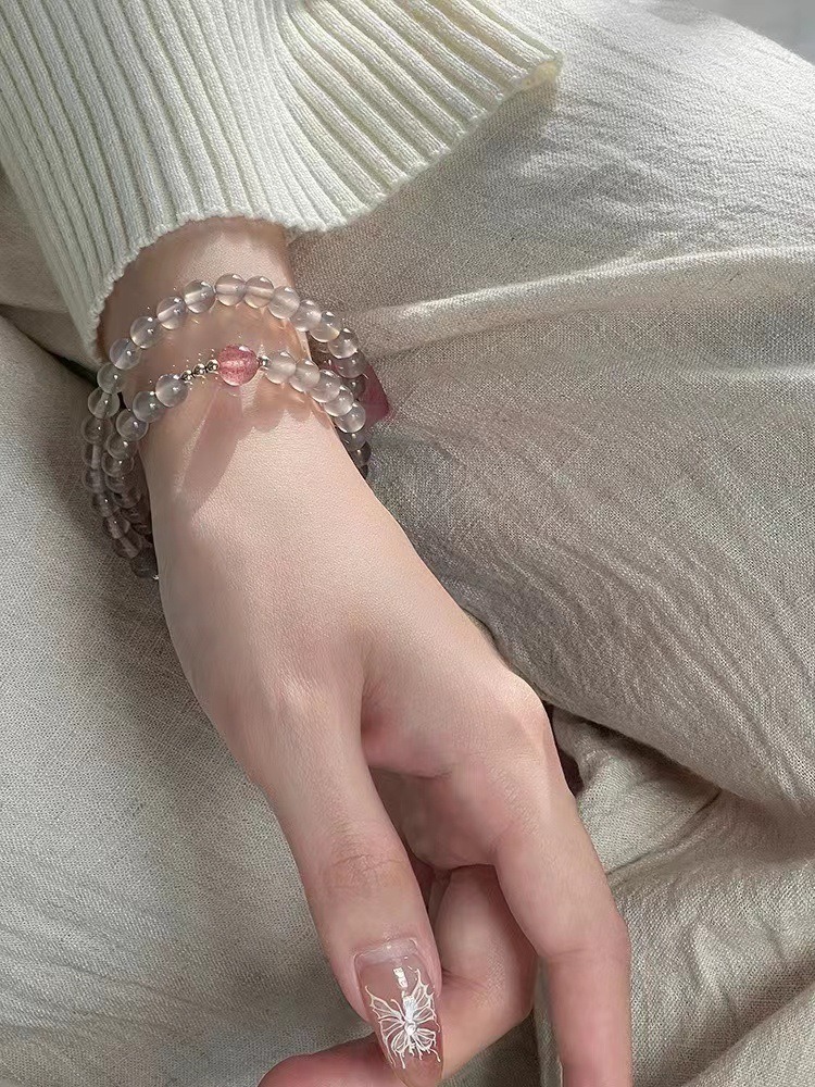 Grey agate crystal bracelet, a niche design for women, white butterfly shell bracelet, a high-end natural strawberry crystal double-ring bracelet for best friends, 281 undefined
