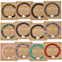 跨境热销水晶十字架串珠手串碧玺虎眼石手链男女带卡片节日礼物