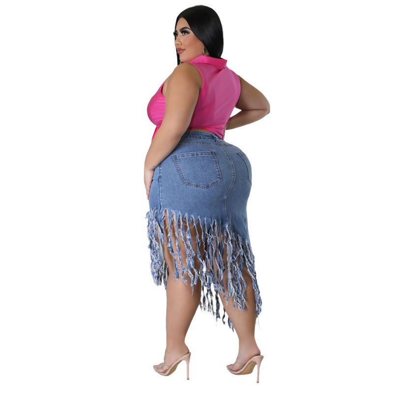 Gonna di jeans con nappe per donna taglie forti moda primavera_voghion.com