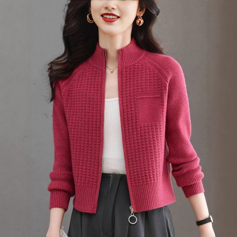 New Spring & Fall Knitted Cardigan, Fashionable Stand-Up Collar Short Jacket, Small Loose Zipper Sweater, Western Style Top New Spring & Fall Knitted Cardigan, Fashionable Stand-Up Collar Short Jacket, Small Loose Zipper Sweater, Western Style Top
