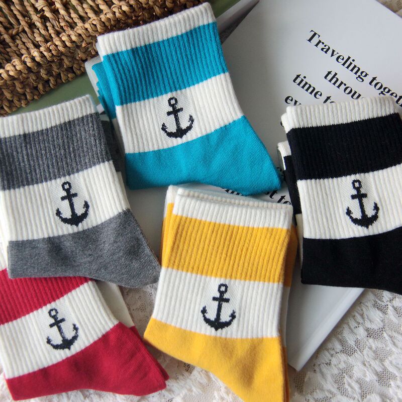 Spot Four Seasons Men's Cotton Socks Color Striped Adult Socks Navy Style High Top Socks SINGGOBA Korean Socks