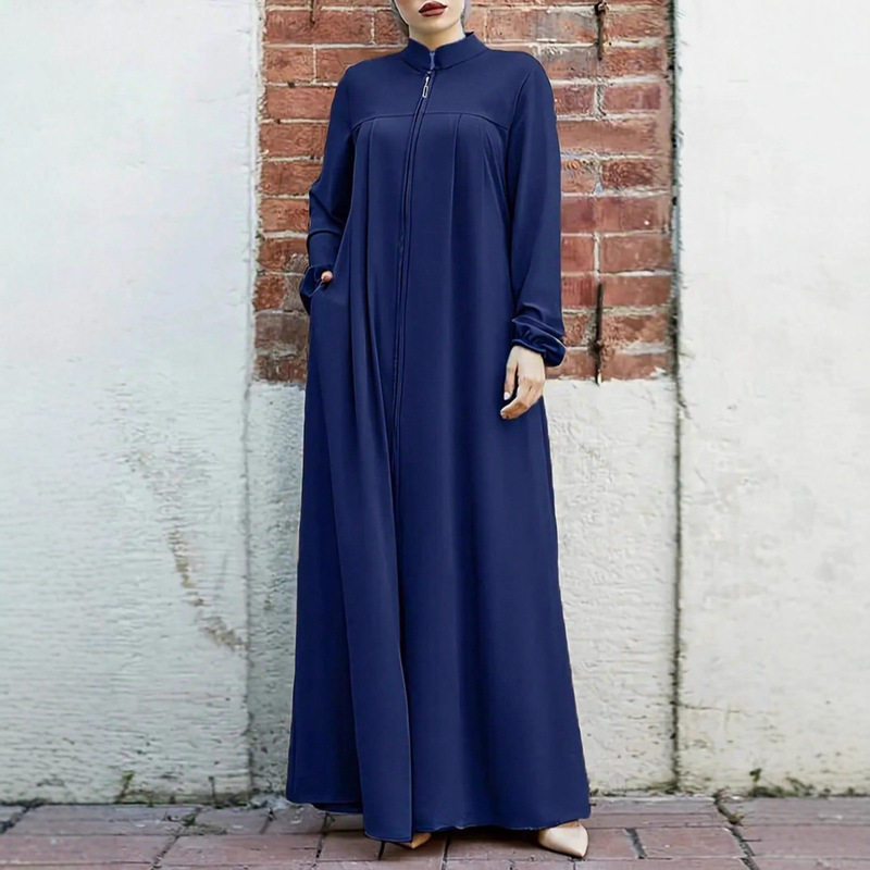 New Fashion Women's Solid Color Long Loose Zipper Robe Dress Simple Style Long Sleeves
