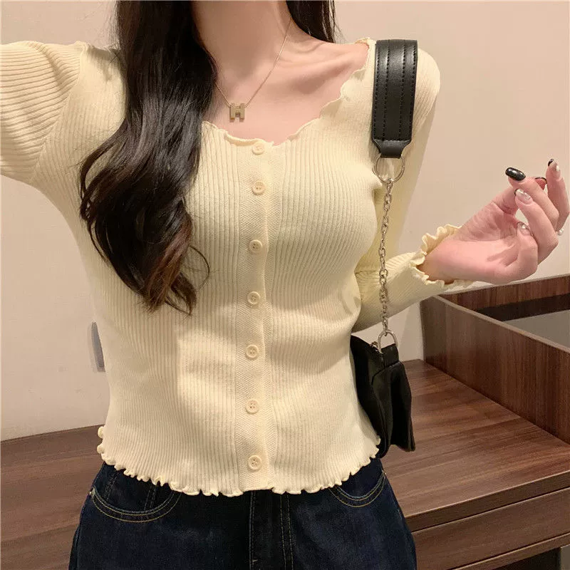 Весна 2025 новый облегающий топ с рюшами однотонный базовый женский универсальный кардиган с длинным рукавом