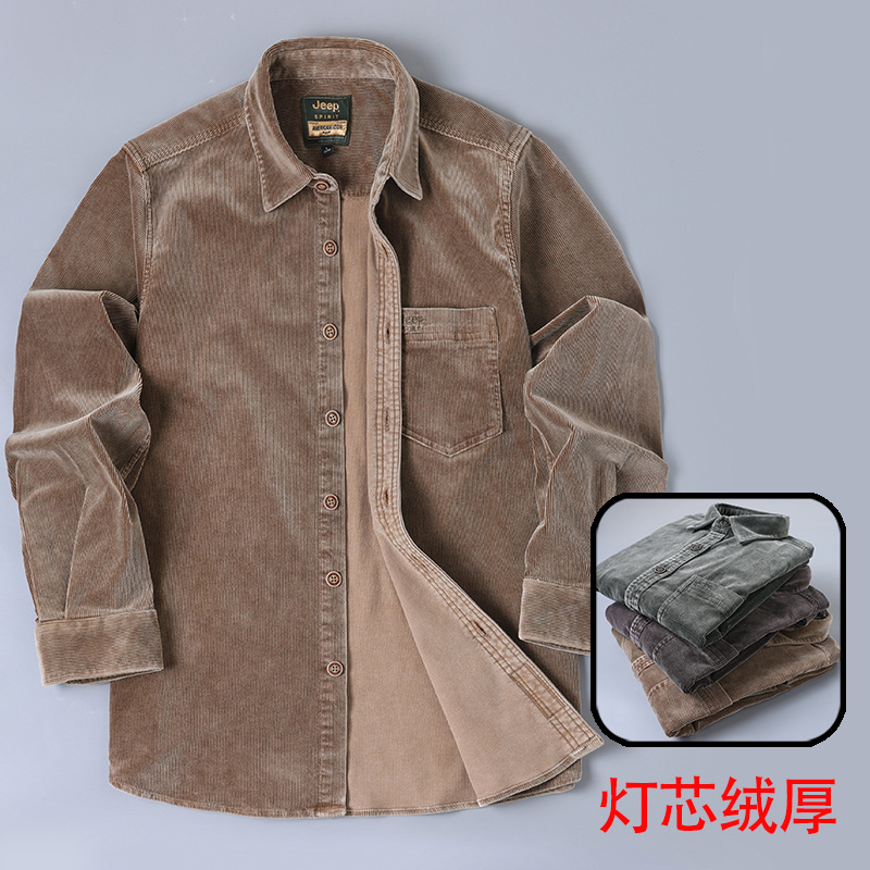 秋冬品牌男士翻领衬衫宽松纯色时尚休闲上衣刺绣长袖灯芯绒衫2103