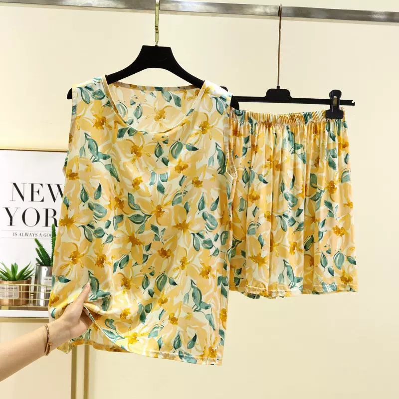 绵绸无袖背心两件套棉绸睡衣女夏季薄人造棉碎花休闲家居服可外穿