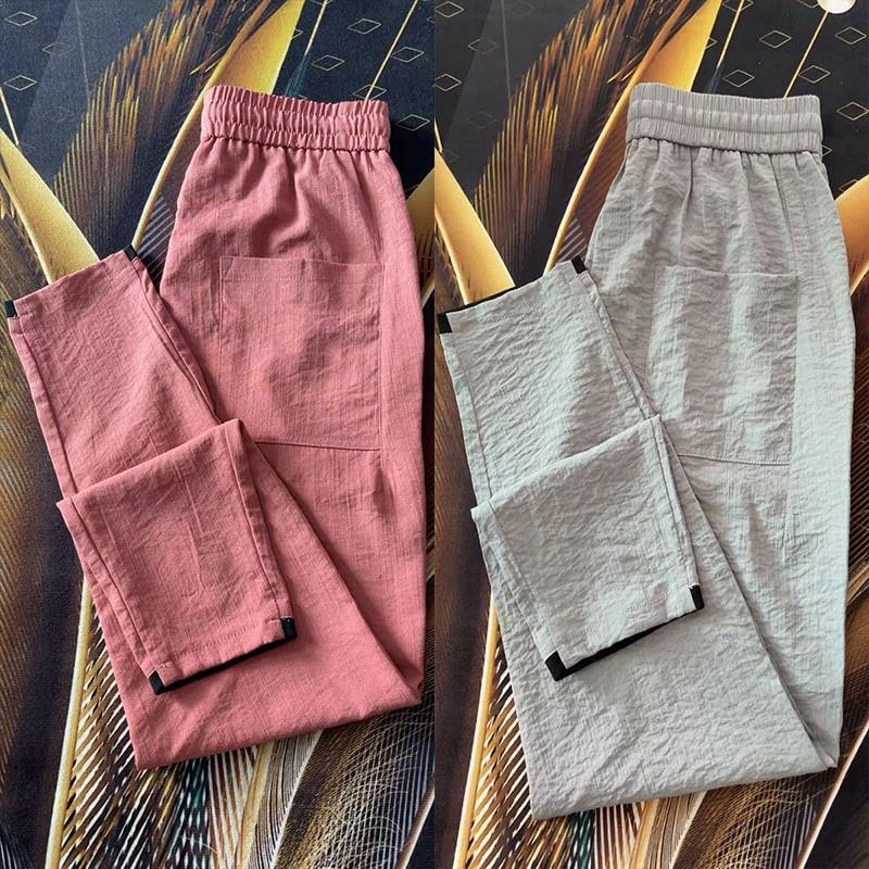 Summer Ultra-Lightweight Cotton and Linen Men's Casual Pants Tencel Linen Pure Color Versatile Elastic Straight Pants for Small Feet