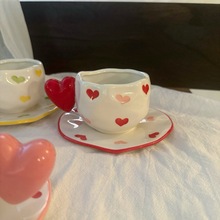 Ins手作感陶瓷手捏杯手绘爱心手柄陶瓷咖啡杯碟高颜值心形陶瓷杯