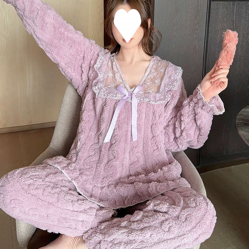 가을 겨울 여학생을 위한 새로운 산호 털 파자마, 두꺼운 한국 스타일 레이스 플란넬, 공주 스타일, 달콤한 홈 의류