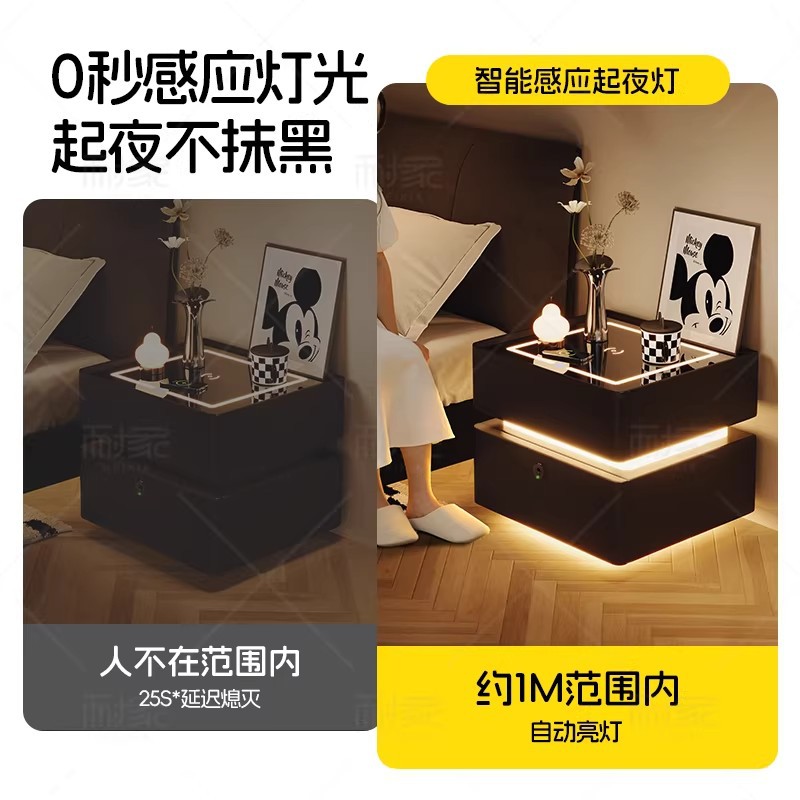 Smart bedside desk negro todo madera maciza dormitorio doméstico 2025 nuevo lujo ligero de alta calidad huellas dactilares cerradura cabecera de almacenamiento
