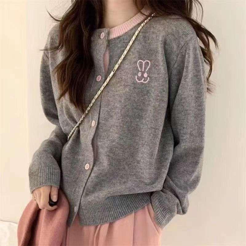 Fresh, Sweet, Cute and Gentle Style Women's 100 Pure Wool Cardigan Rabbit Embroidered Round Neck Single-Breasted Jacket Trendy