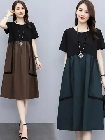 Plus-size color-blocking patchwork maxi dress for women 2025 summer, medium-long length, stylish loose fit, flattering, hides belly