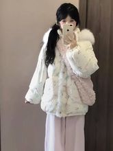 冬款新品学院风甜美可爱卡通印花毛领连帽棉服女学生宽松棉衣