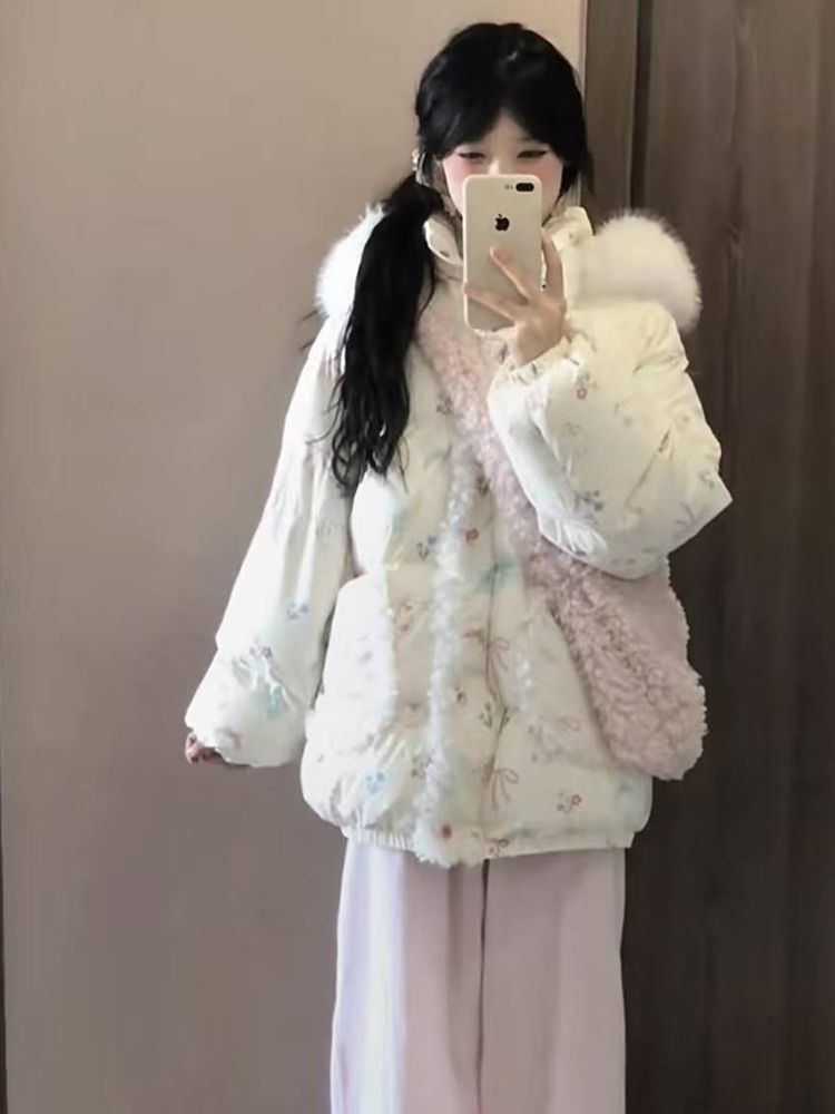 冬款新品学院风甜美可爱卡通印花毛领连帽棉服女学生宽松棉衣