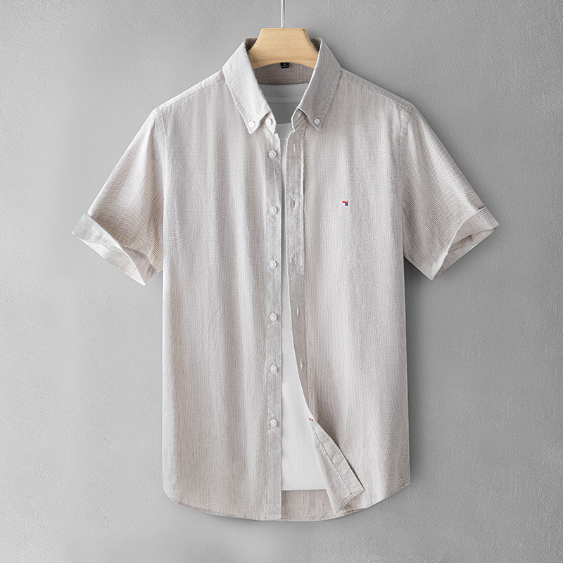 Summer Men's Casual Shirt Linen Short Sleeve Shirt Classic Houndstooth Linen Cotton Top Loose plus size Thin Half Sleeve
