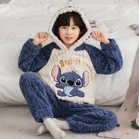 网红新款男童睡衣冬男孩子中大童连帽冬季麦穗珊瑚绒睡衣卡通套装