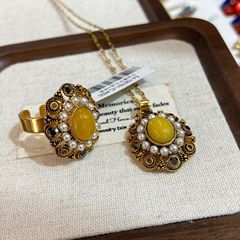 青岛中古美拉德椭圆黄玛瑙做旧戒指项链套装时尚精美镶嵌宫庭风