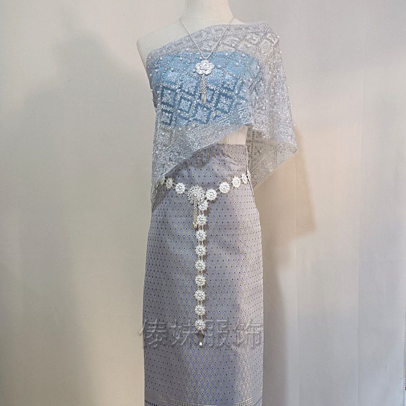 A8 five-piece gray and blue skirt set with shawl that won’t shed powder