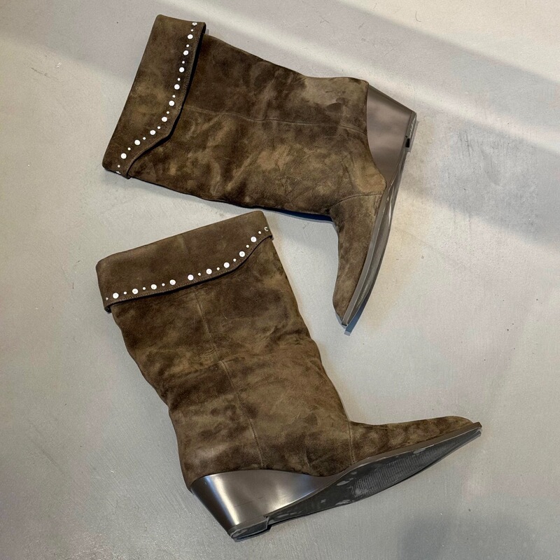 Sheepskin Version ~ Retro Maillard Rivet Suede Wedge Heel Pointed Toe Slim Boots Western Cowboy Boots Women's High Heel Short Boots