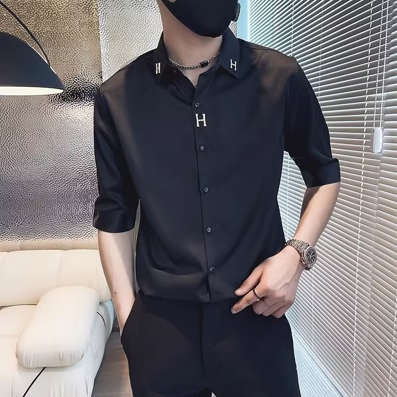 Seven-point Sleeve Men's Shirt Summer Thin Ice Silk Five-point Short-sleeved Shirt Fashionable Brand Duplex Handsome Men's Wear Collocation High-end Sense