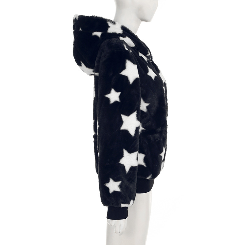Five Pointed Star Hooded Loose Plush Warm Coat Millennium Sexy Street Contrast Color Niche Zipper Sweatshirt