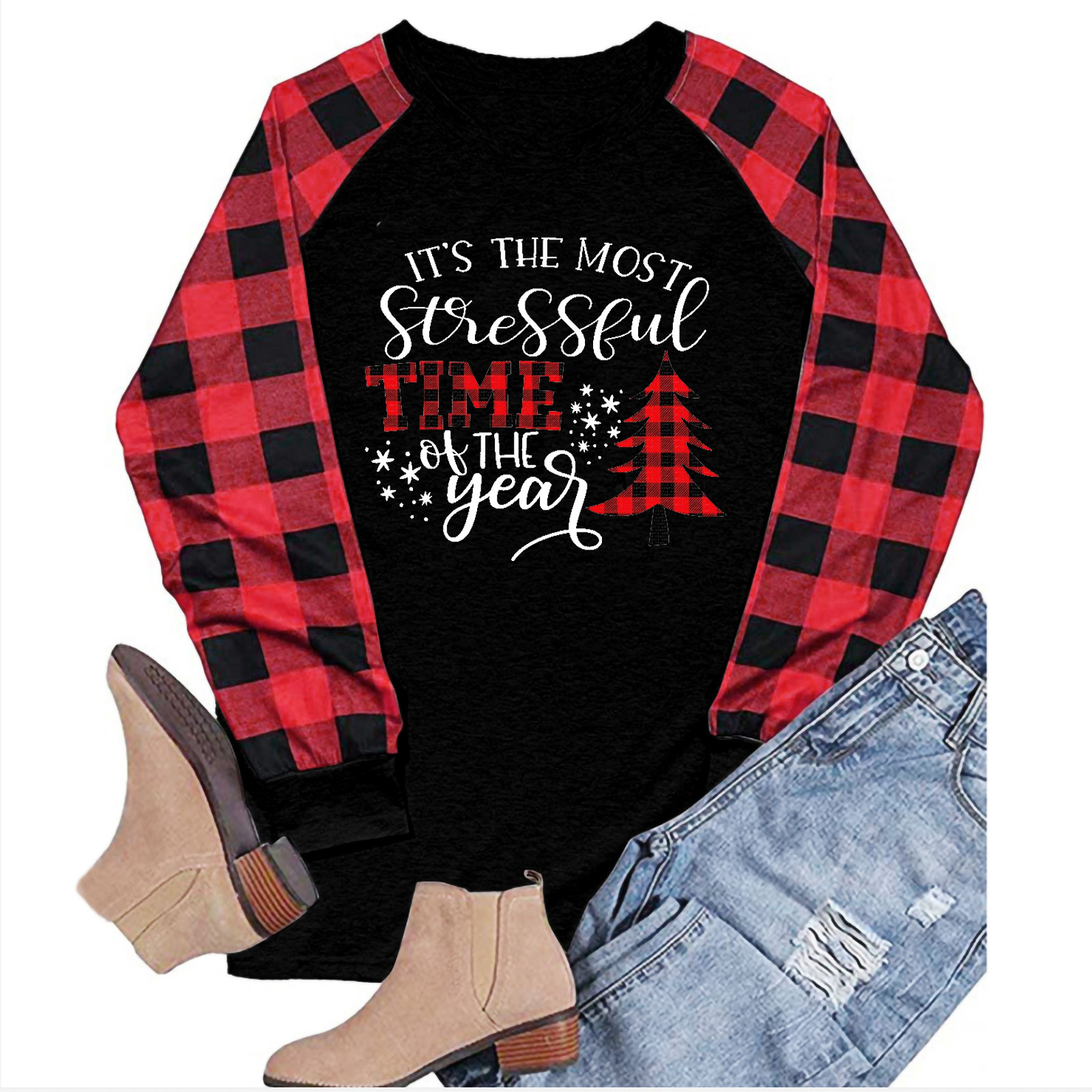 Fashion Plaid Cotton Blend Round Neck Long Sleeve Regular Sleeve Patchwork T-shirt display picture 3