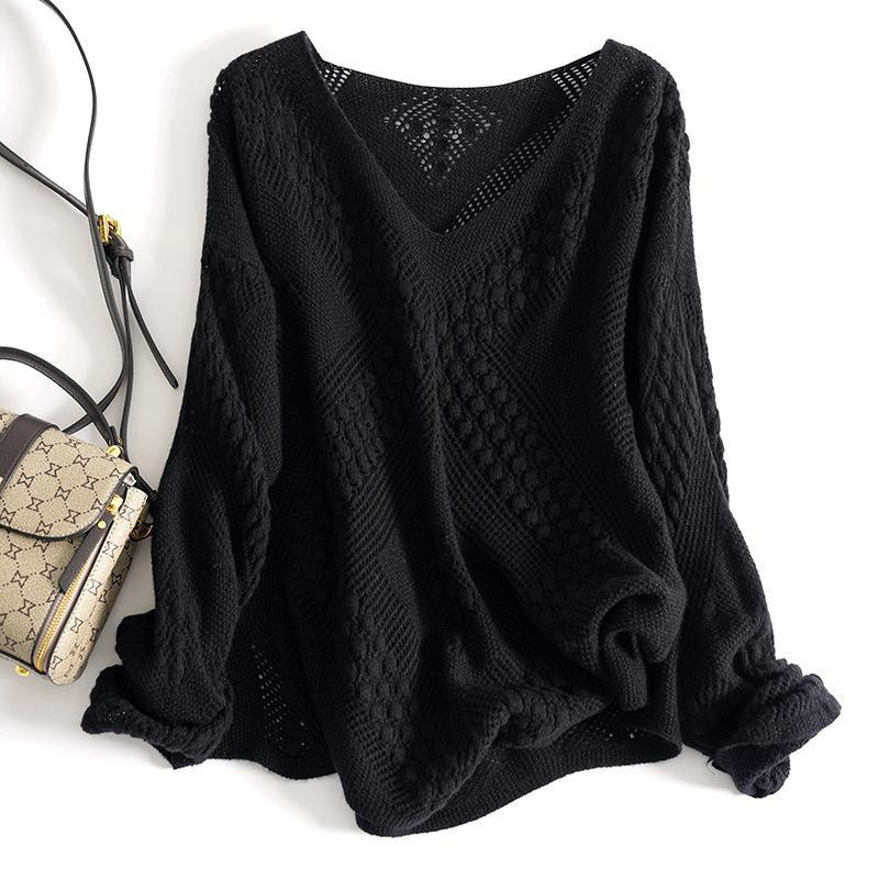 Fat Sister 1.0-150kg Extra Large Size Crochet Cut Out Knitted Long-sleeVed V Neck Mid-length PulloVer Lazy Style Top for Women