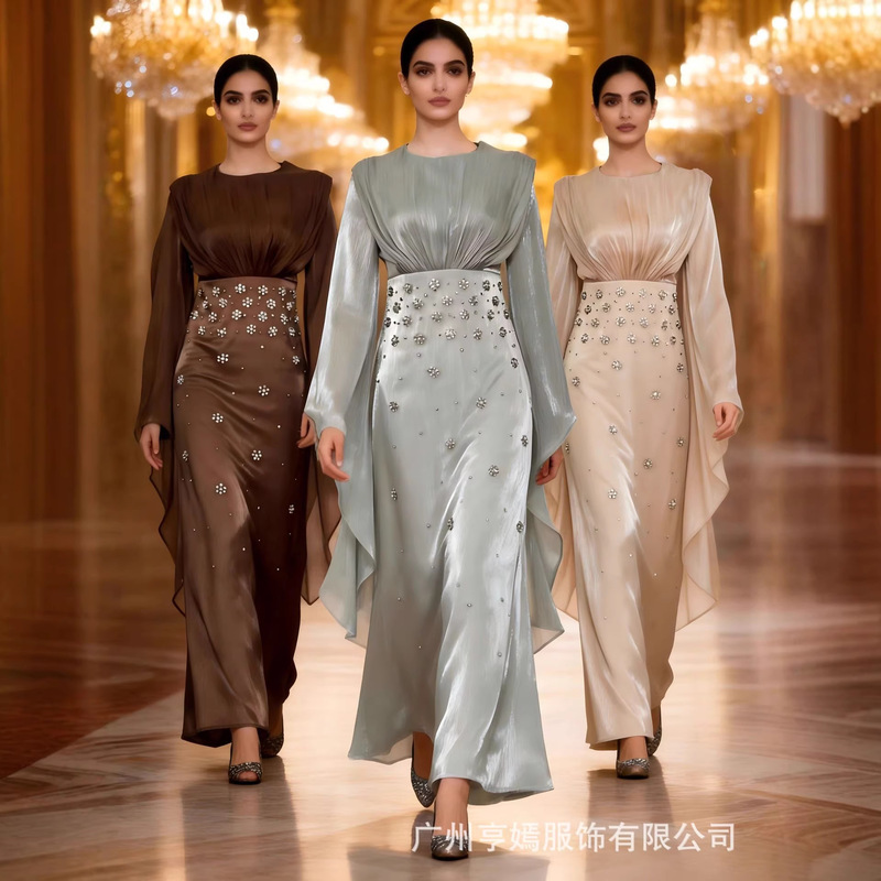 In-Stock Heavy-Duty Rhinestone-Embellished Waist-Cinching Long Dress with Flutter Sleeves, Flowing Satin Gown, Southeast Asian Light Luxury Women's Dress In-Stock Heavy-Duty Rhinestone-Embellished Waist-Cinching Long Dress with Flutter Sleeves, Flowing Satin Gown, Southeast Asian Light Luxury Women's Dress