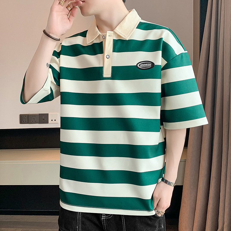Summer thin polo shirt short-sleeved T-shirt for men and teenagers, trendy loose fit, plus size, collared, three-quarter sleeve men's T-shirt