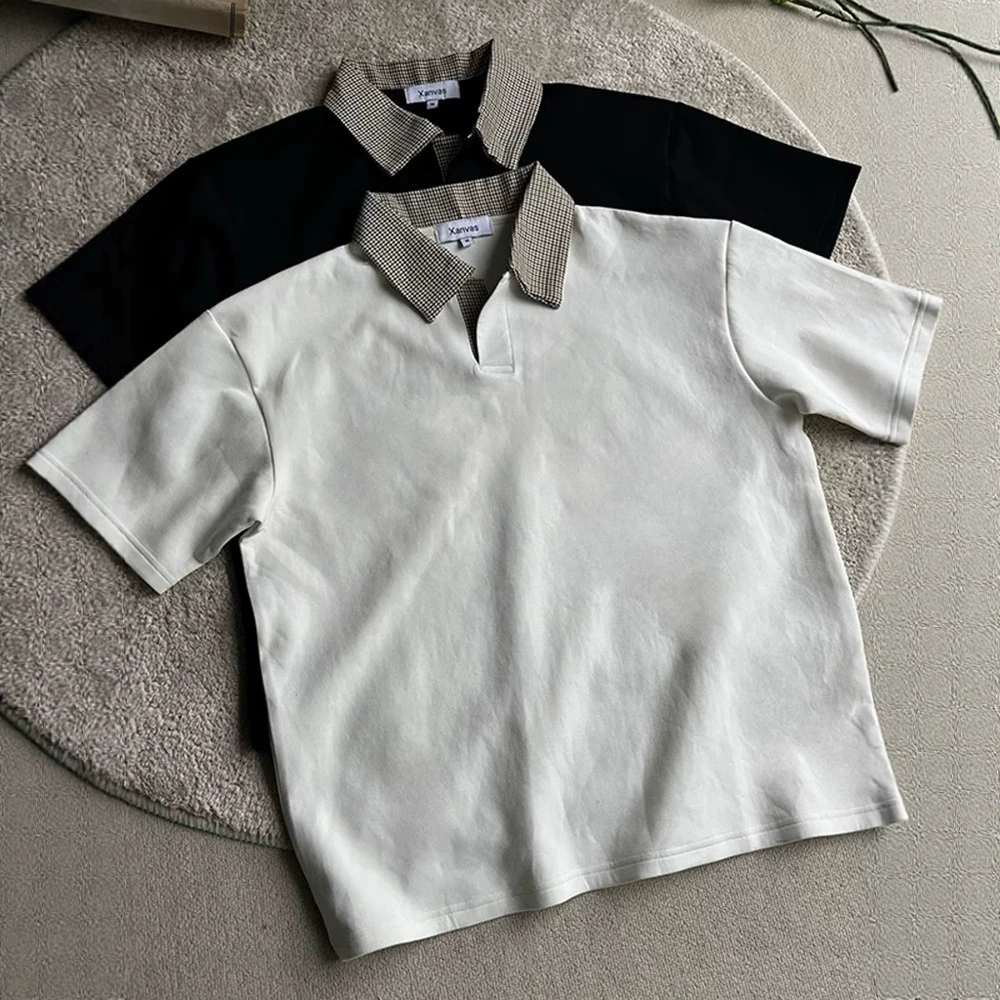 Houndstooth spliced ​​polo shirt short-sleeved men's American old money style shoulder T-shirt cleanfit lapel half sleeve