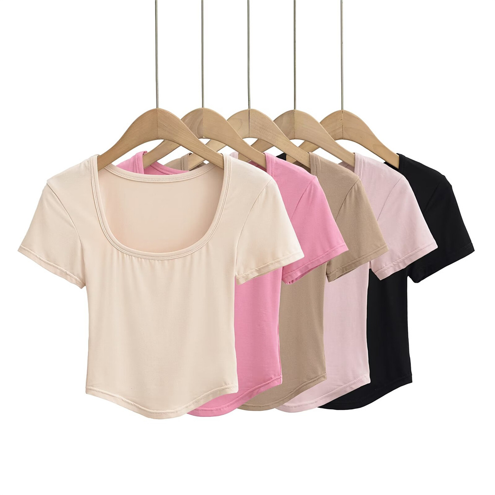 YPFF潮流女装U领纯欲风短袖T恤短款露脐显瘦打底内搭弧形下摆上衣