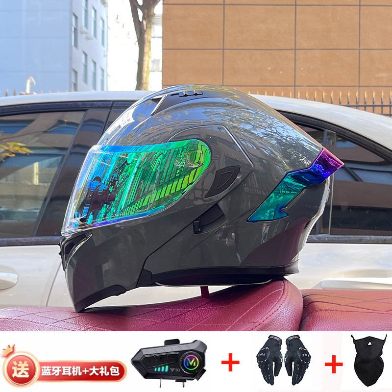 Casco de exposición Orz para hombres y mujeres invierno Doble espejo coche eléctrico semi-Casco completo cola de color coche deportivo ranura Bluetooth cuatro estaciones casco