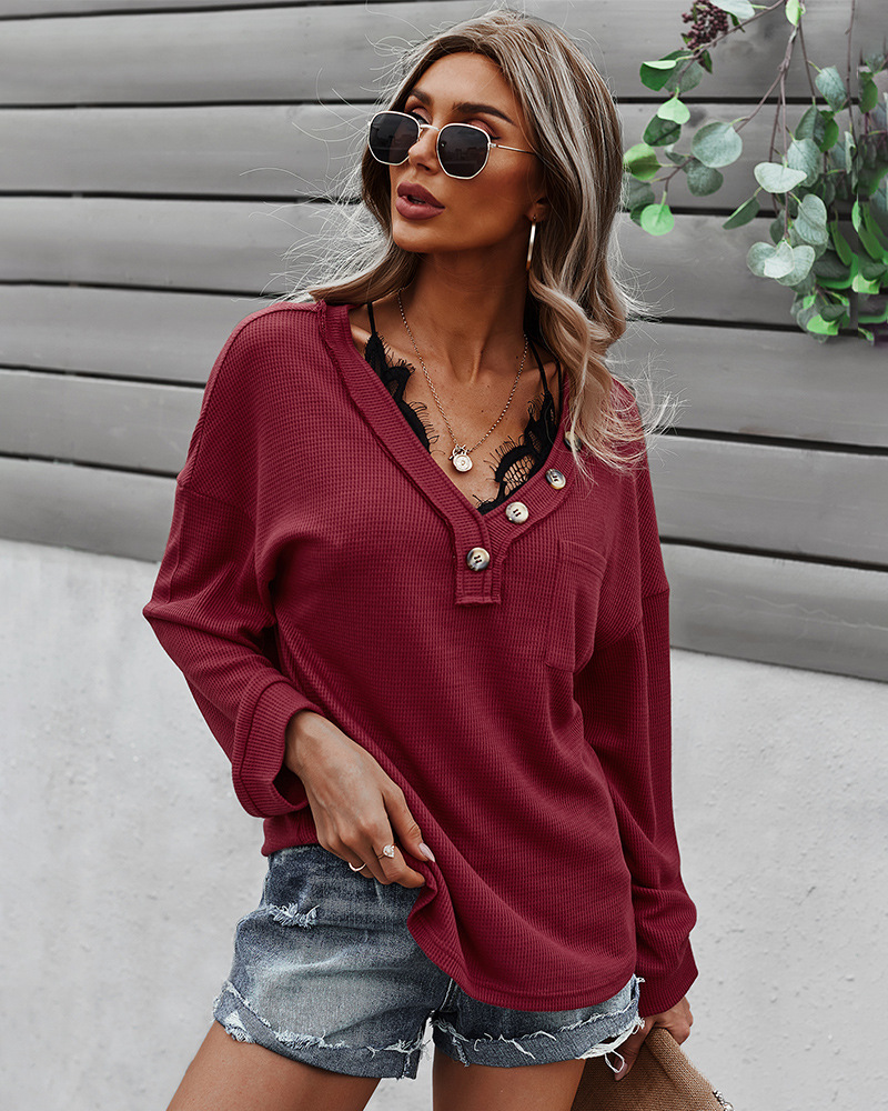 women s V-neck solid color knitted top long-sleeved sweatshirt nihaostyles clothing wholesale NSDY73979