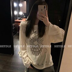 慵懒宽松印花长袖恤薄款防晒罩衫初秋上衣女#