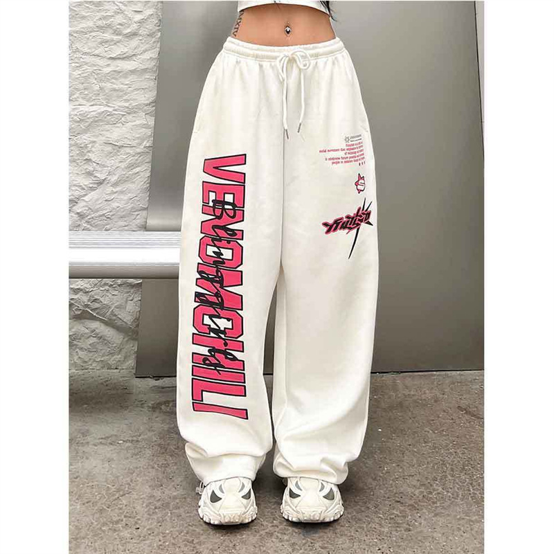 Retro White Street Design Wide-Leg Sweatpants for Women Autum High-Waisted Loose Hip-Hop Jazz Dance Casual Pants Retro White Street Design Wide-Leg Sweatpants for Women Autum High-Waisted Loose Hip-Hop Jazz Dance Casual Pants
