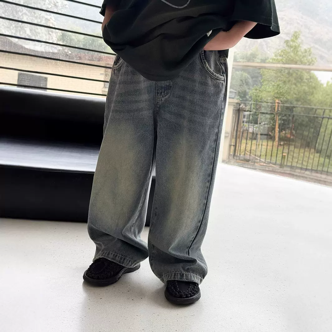 儿童裤子韩版春夏新品复古做旧水洗牛仔裤男女宝宝百搭直筒裤长裤