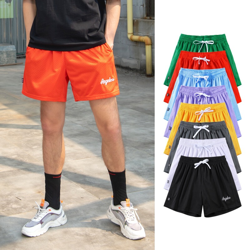 Cross-Border American-Style Mesh Three-Quarter Shorts for Men, Sports Casual Embroidered Basketball Shorts, Summer Breathable Loose Solid Color Versatile Cross-Border American-Style Mesh Three-Quarter Shorts for Men, Sports Casual Embroidered Basketball Shorts, Summer Breathable Loose Solid Color Versatile