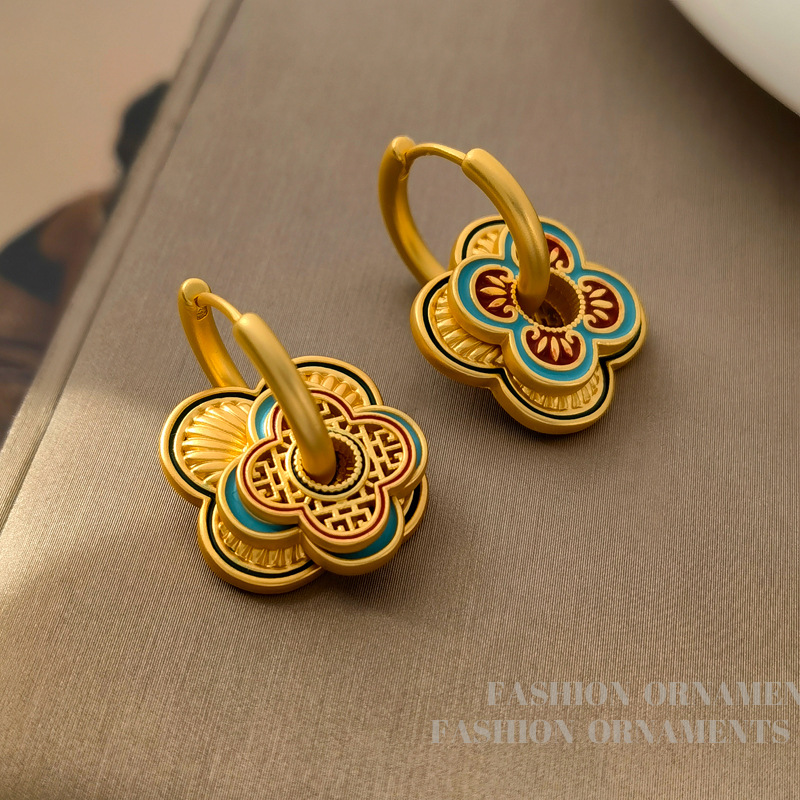 Copper gold-plated original national fashion painted design geometric ear ring small Zhongfu ancient one multi-wear earrings female 2172