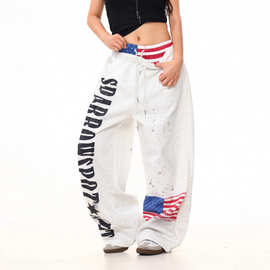 复古字母旗帜印花抽绳阔腿卫裤女秋宽松百搭跳舞必备爵士舞弯刀裤