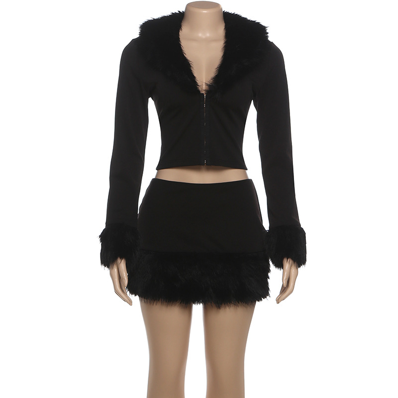 Autumn Winter V Neck Raw Edge Long Sleeves Cropped Top Sheath Skirt Two Piece Sets