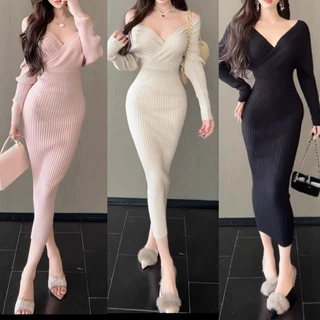 欧美跨境V领针织连衣裙女2026春秋新款包臀洋气长裙收腰气质裙子