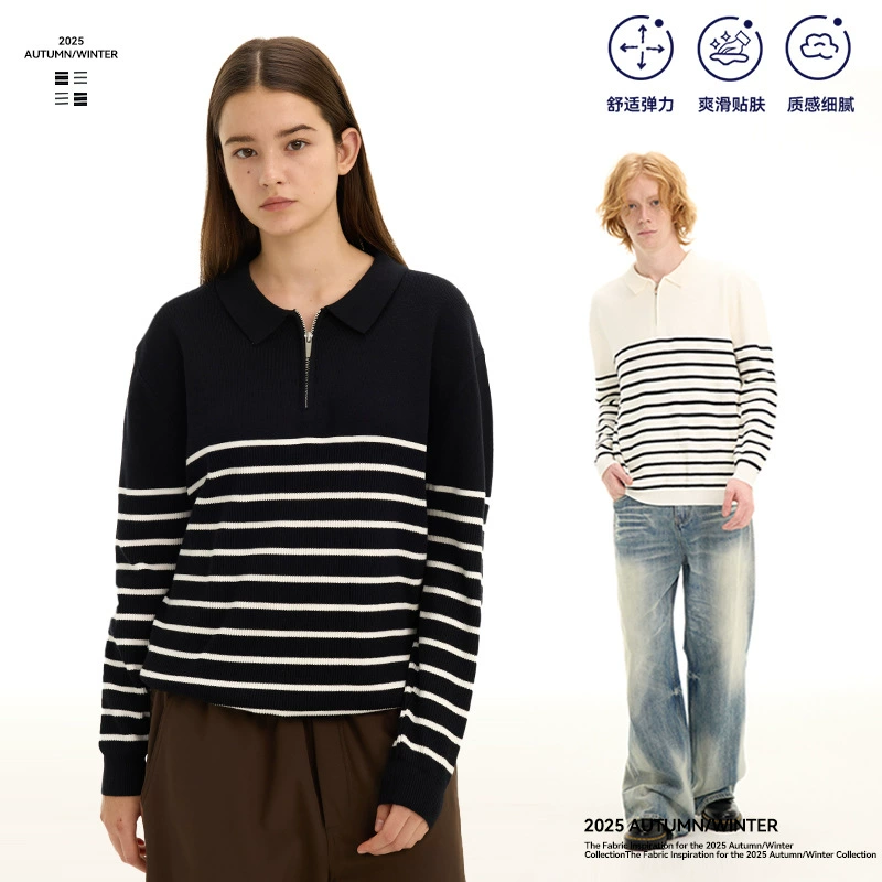 UNF 高智感撞色条纹舒适针织毛衣宽松半拉链POLO衫男女秋冬新款