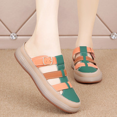 2023 Summer Genuine Leather Lining Hollowed-Out Slip-On Soft Sole Anti-Slip Flat Indoor Shoes Comfortable and Versatile Half Slippers for Outdoor Wear