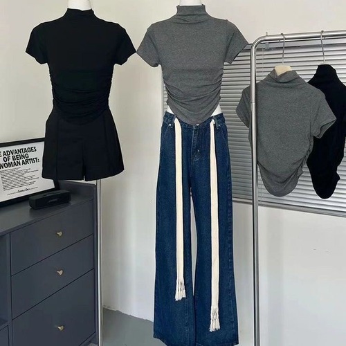 Lady's Folded Waist High-Neck Short-Sleeve T-Shirt with Summer Design, Unique and Slimming for Petite Women, Plain Color Top